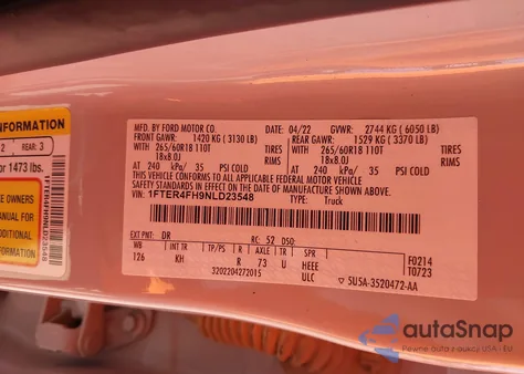 2022 Ford Ranger Lariat z USA, uszkodzony, nr VIN 1FTER4FH9NLD23548